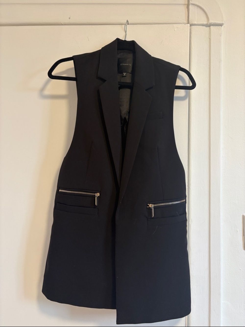 Black Sleeveless Long Blazer Vest with Zip Pockets